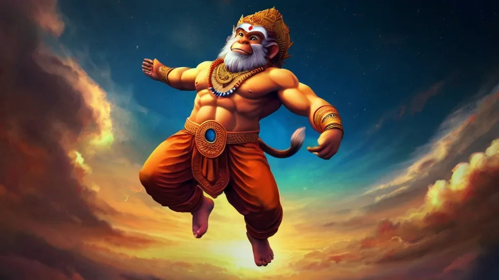 Create a god hanuman with a golden background, 8k, size of 1920x1080, colorful
