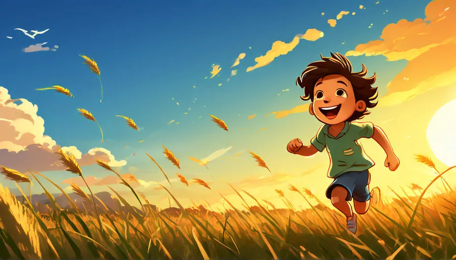 a boy running through a field of tall grass