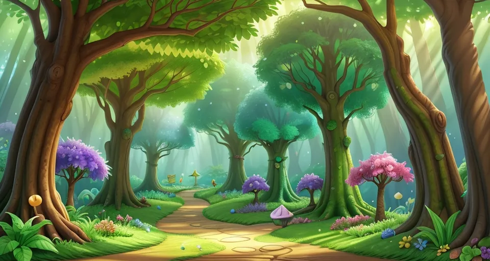 a painting of a path through a forest