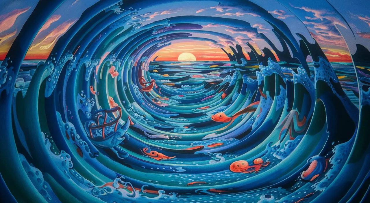 a painting of an ocean wave with fish