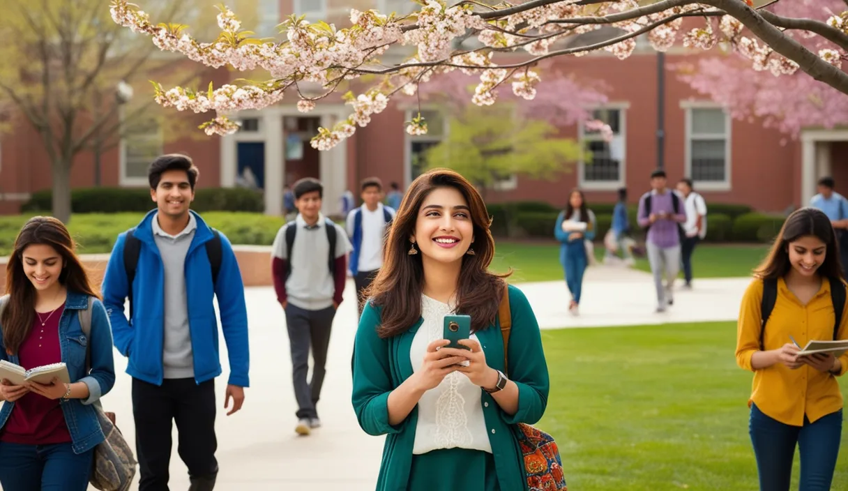 a group of young people walking down a sidewalkCampus Serenade: On a university campus, a Pakistani girl walking under a blossoming tree, a Bollywood song softly playing from her phone. The 4K wide shot captures students walking by and studying, but her smile and dreamy gaze reveal she is thinking about her boyfriend, who is attending a university in the United States, lost in her own romantic world.