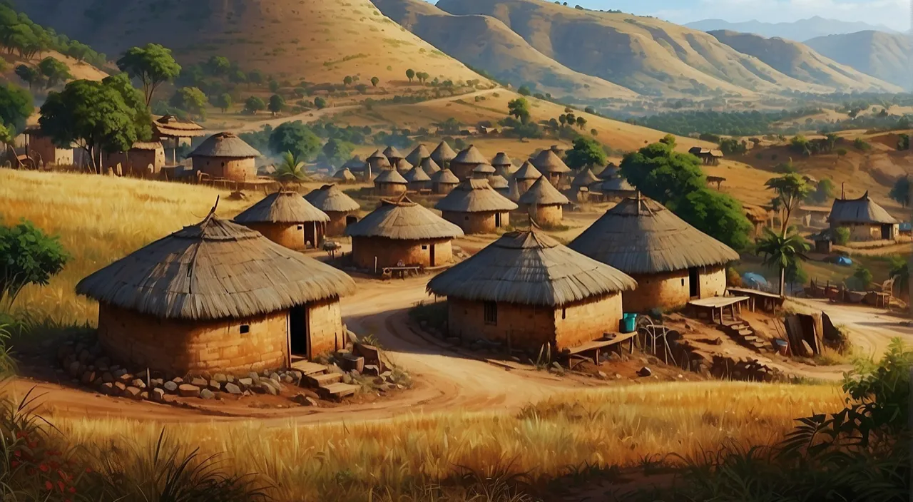 a painting of a village in the mountains