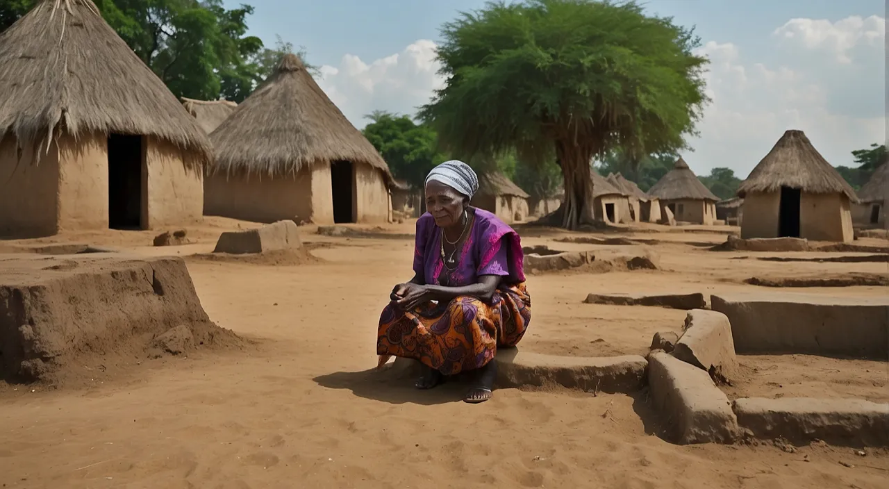 a woman sitting on the ground in a village