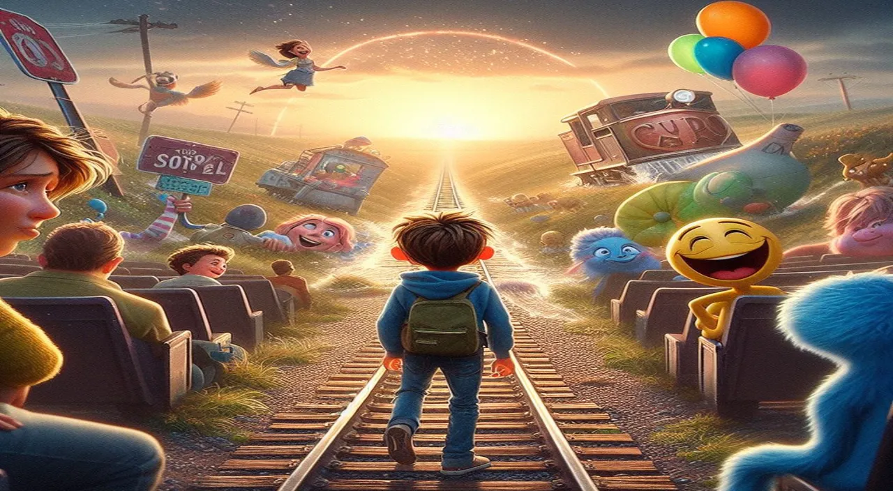 a movie poster with a child walking down a train track