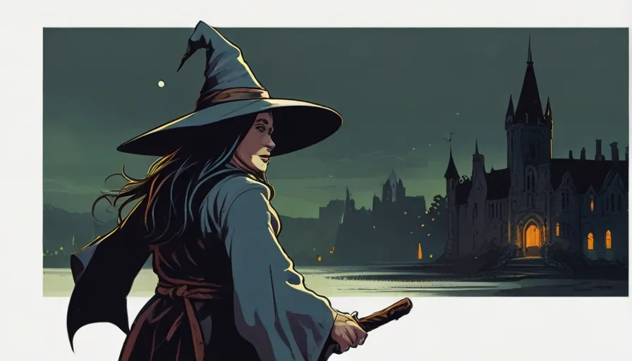 a woman in a witch costume holding a wand