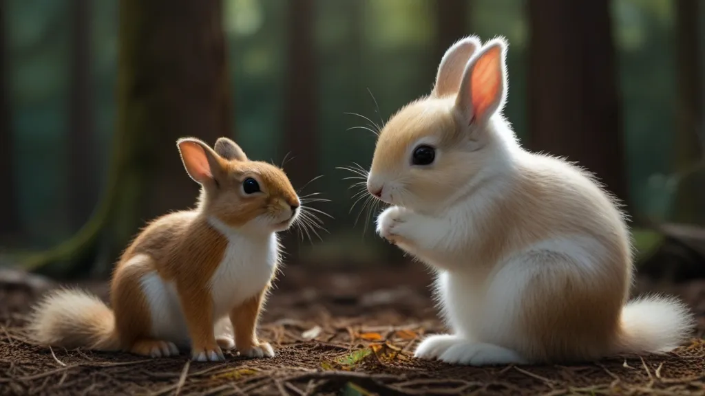 a couple of rabbits sitting on top of a forest floor