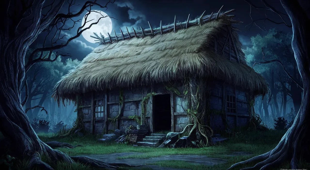 a house with a thatched roof in the woods