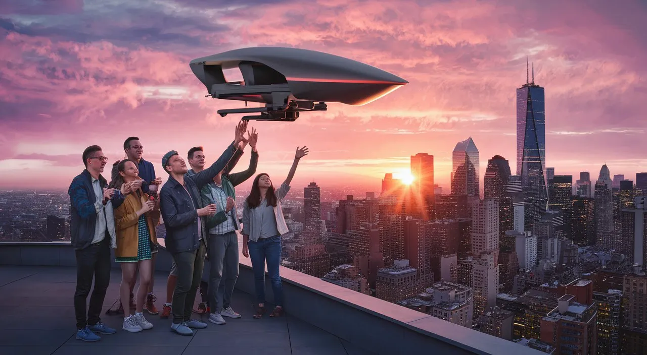 Transition to a rooftop scene at sunset, where a group of friends launch a drone to capture aerial footage of the city.