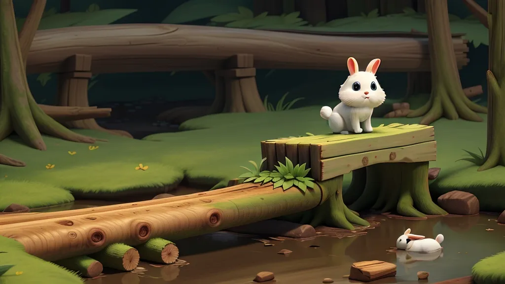 a white rabbit is sitting on a wooden bridge