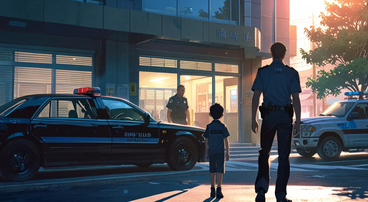 a police officer standing next to a little boy in front of police station