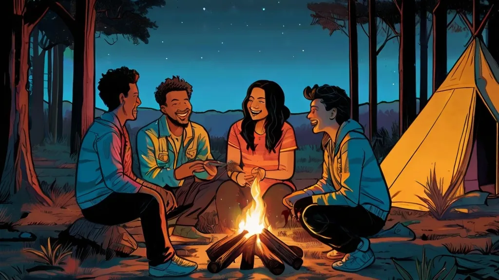 a group of people sitting around a campfire