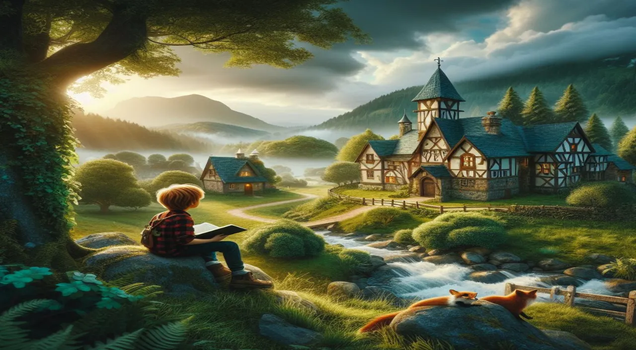 a painting of a boy sitting on a rock looking at a house