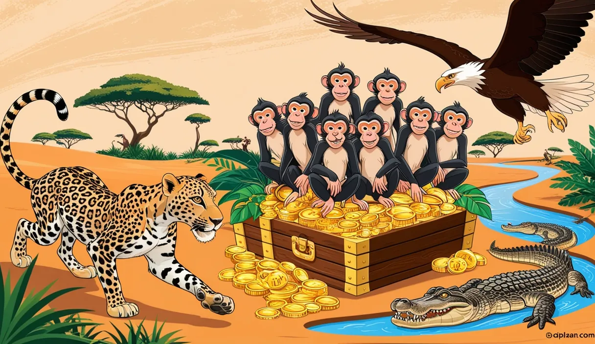 a group of monkeys sitting on top of a chest of gold