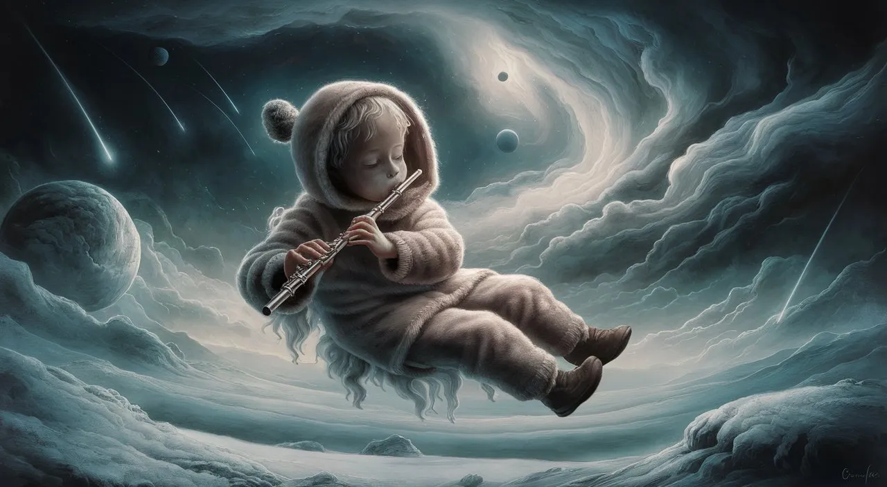 a painting of a child playing a flute