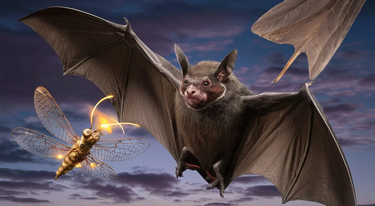 a bat flying next to a firefly on a cloudy day