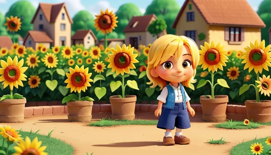 a little girl standing in front of a field of sunflowers