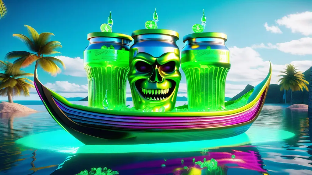 a painting of a green skull in a boat