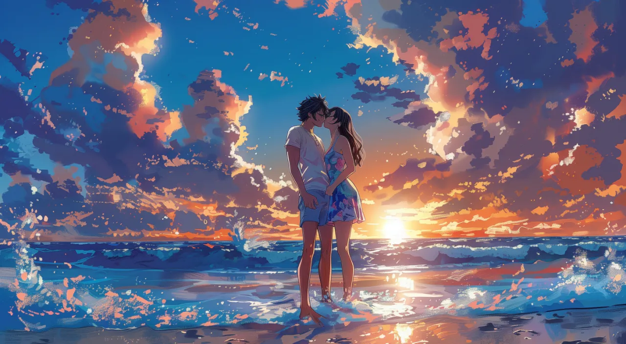 a couple kissing on the beach at sunset