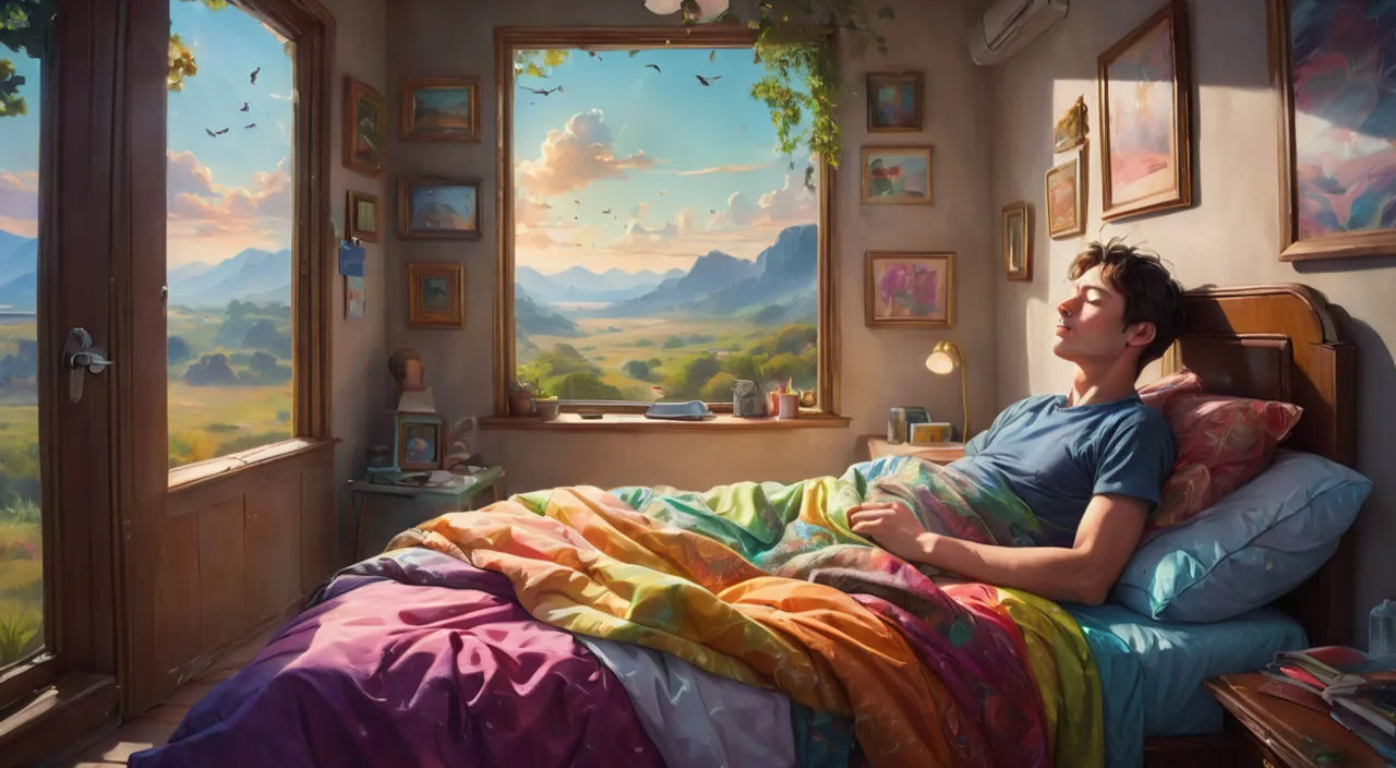 a painting of a man laying in bed looking out a window