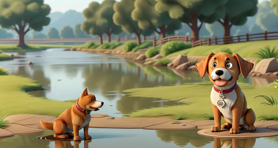 a dog and a puppy are sitting in front of a pond