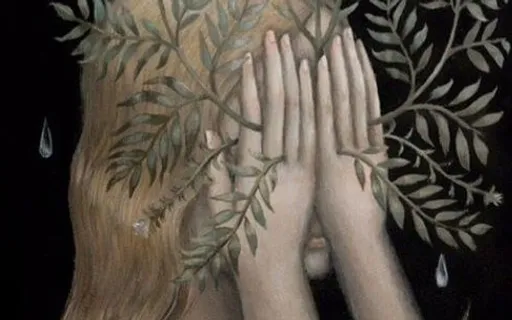 a painting of a woman covering her face with her hands