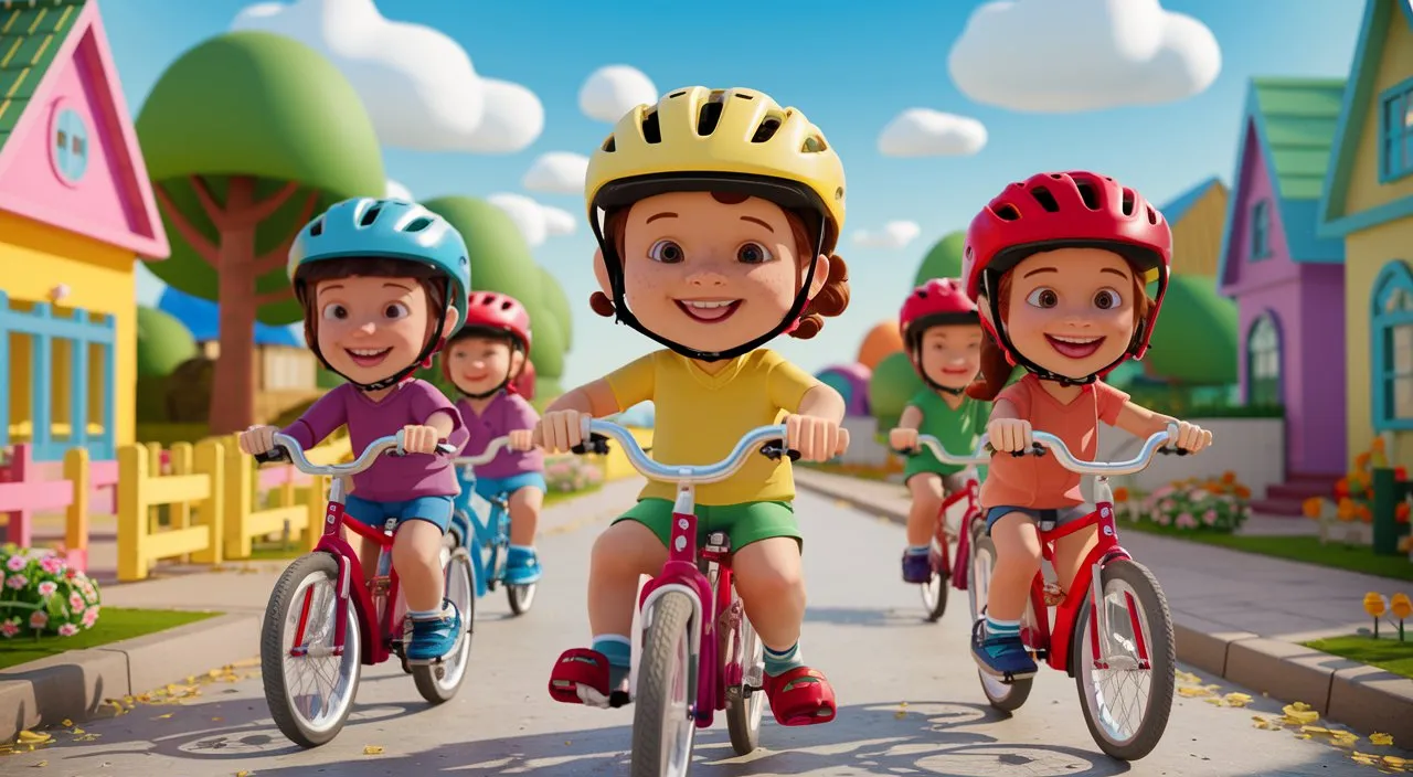 a group of children riding bikes down a street