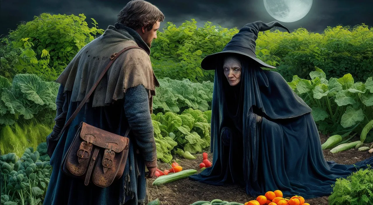 a man and a woman dressed as witches in a vegetable garden