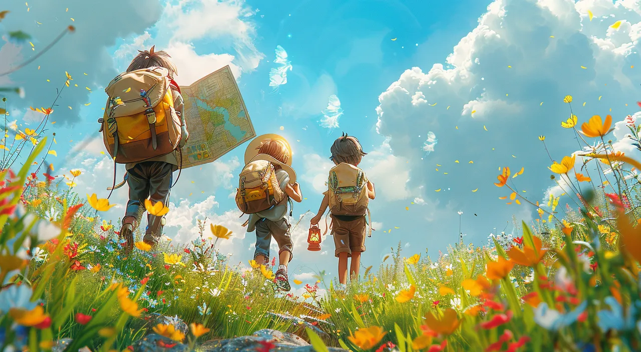 just three children walking through a field with backpacks