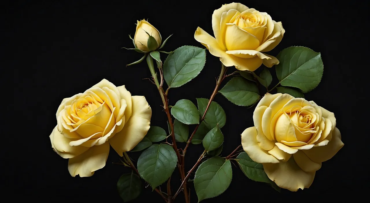 three yellow roses with green leaves on a black background