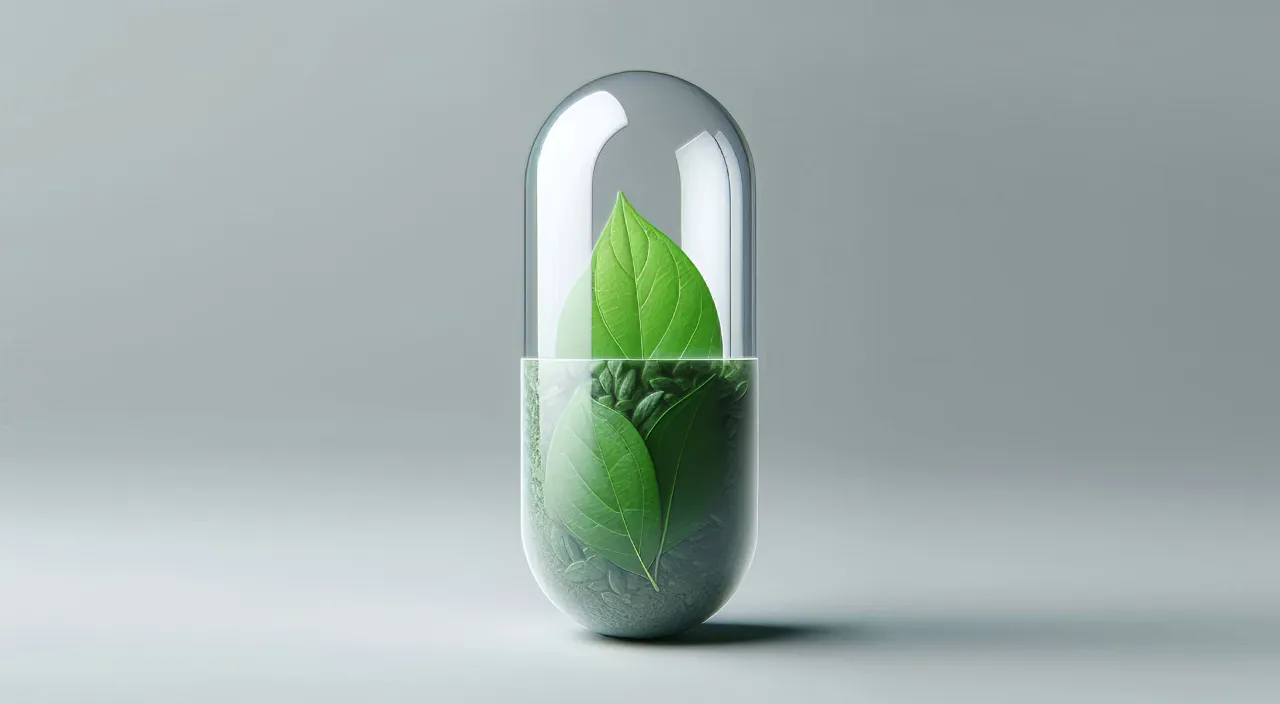 a bottle with a green leaf inside of it