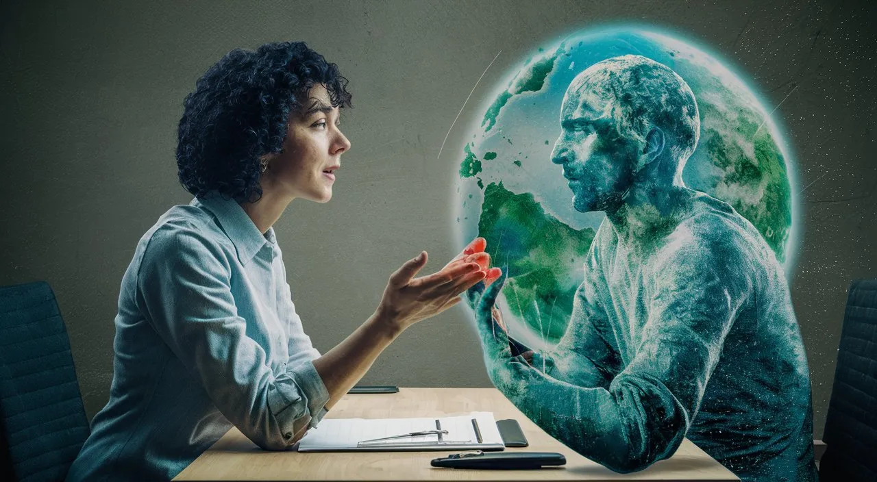 a woman sitting at a table in front of a drawing of a man holding a