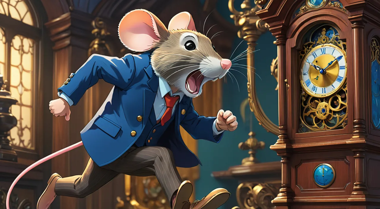 a mouse in a suit running next to a clock