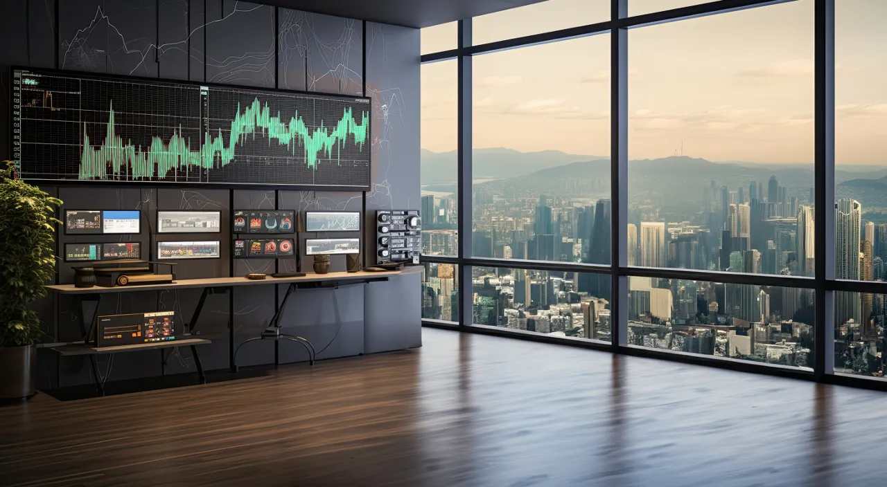 Minimalist hi tech office with computers with stock market data on screens
