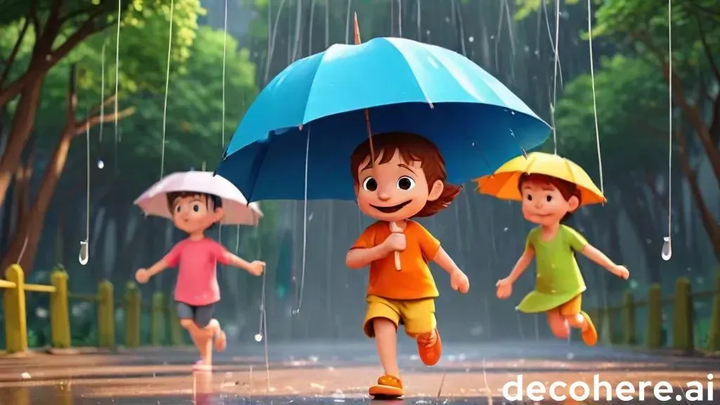 three children running in the rain with umbrellas