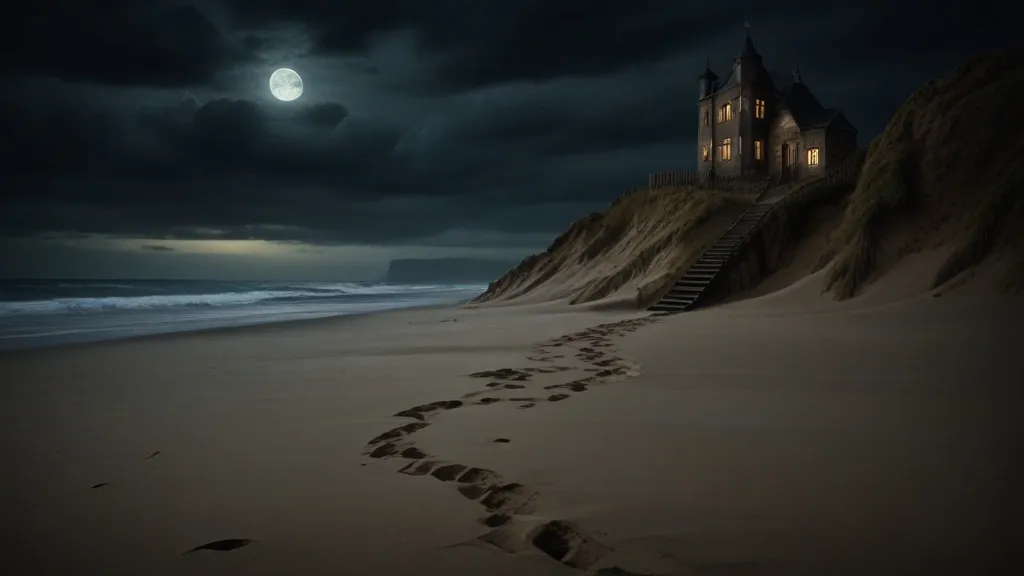 a castle on a beach with a full moon in the background