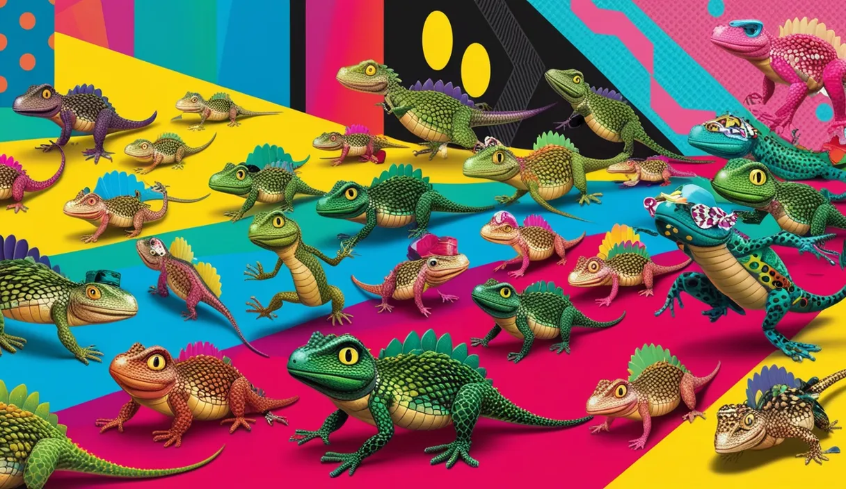 a group of lizards standing on a rainbow colored surface