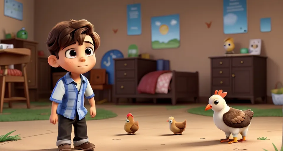 a little boy standing in a room with chickens