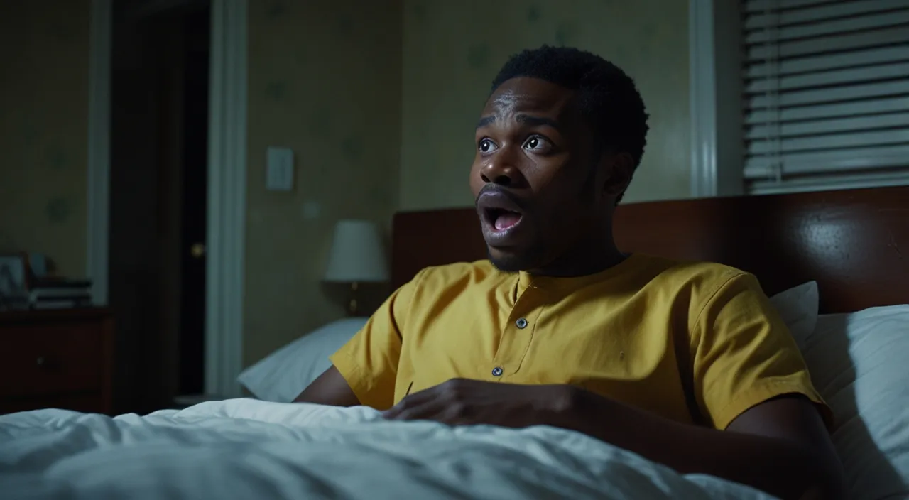 a man in a yellow shirt laying in a bed; the protagonist a Nigerian man wakes up abruptly to the sound of a scream at 3 AM.