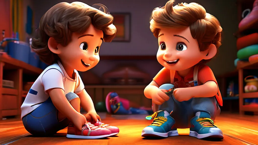 a couple of kids sitting on top of a wooden floor, wearing shoe