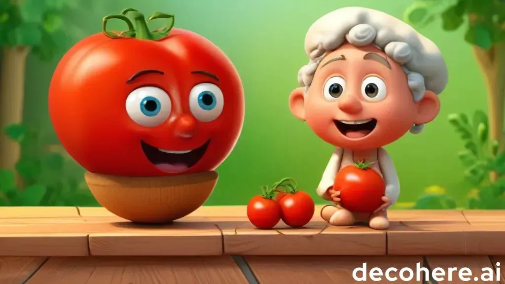 a cartoon tomato and a little boy on a wooden table