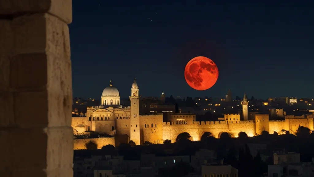 a red moon is seen over a city at night