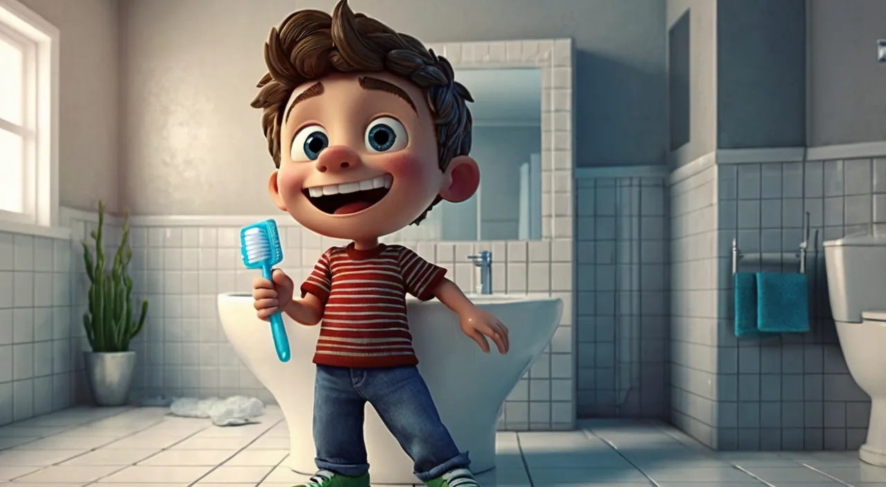 a cartoon boy holding a toothbrush in a bathroom