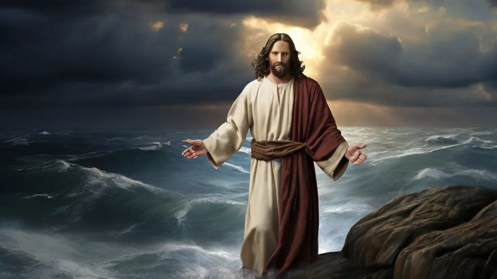 a painting of jesus standing on a rock in the ocean