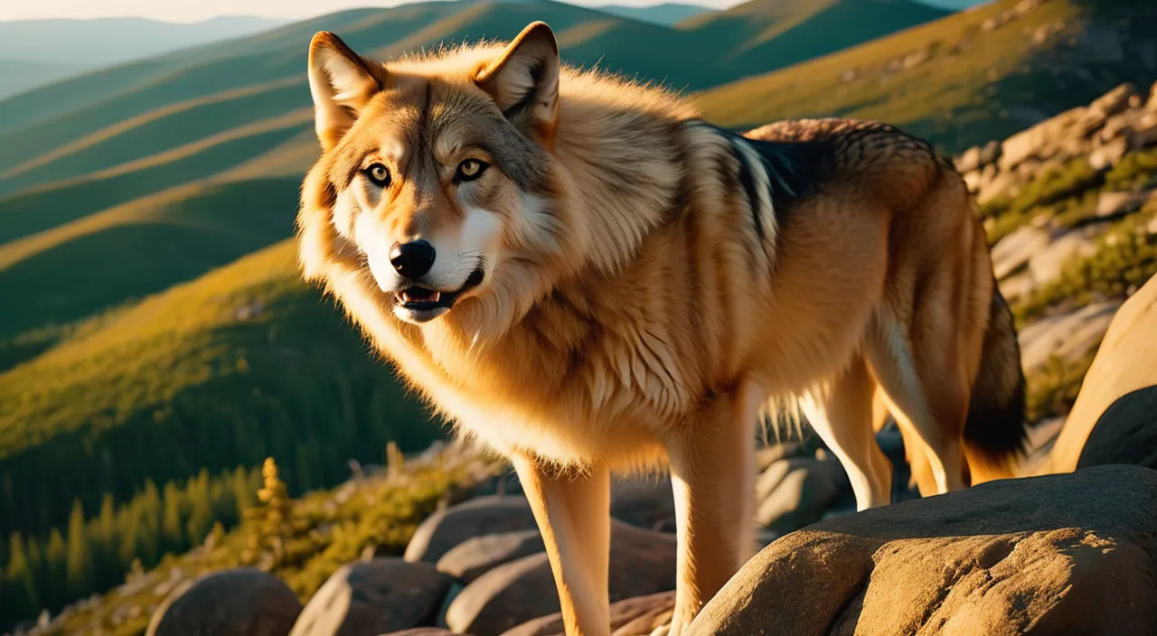 a wolf standing on top of a rocky hillside