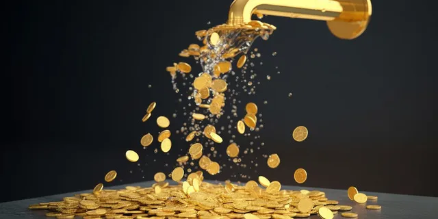 a gold faucet pouring out of a pile of gold coins