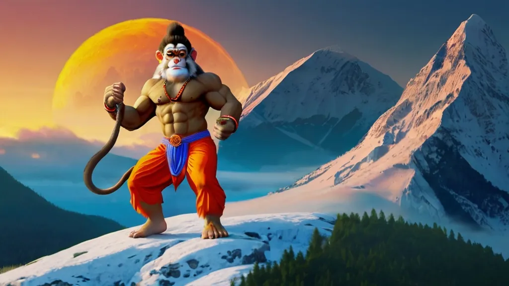 Create a god hanuman with a golden background, 8k, size of 1920x1080, colorful
