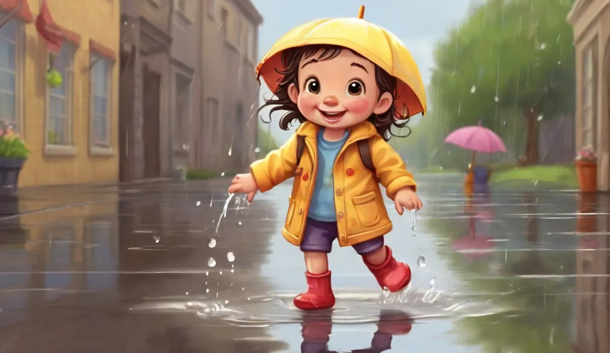 a little girl walking in the rain with an umbrella.cartoon