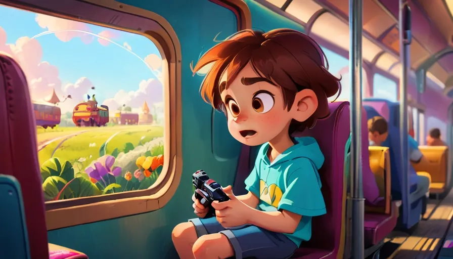 a boy sitting on a train looking out the window