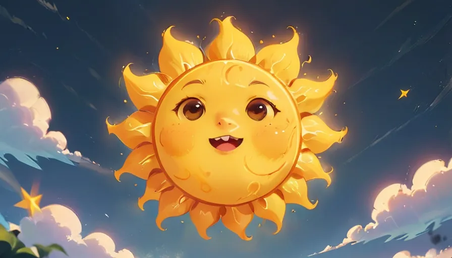 a cartoon sun with a happy face in the sky