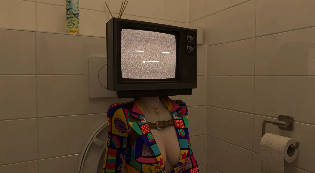 a mannequin with a tv on its head in a bathroom